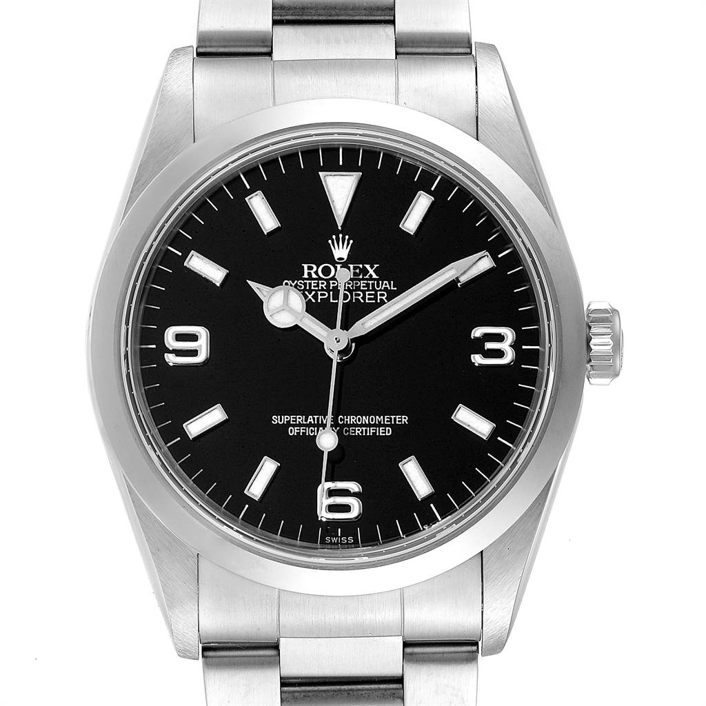 This image shows a front view of a Rolex Explorer 14270 Men's Stainless Steel Black Dial 14270 Men's Stainless Steel Black Dial watch, highlighting its dial, bezel, and part of the bracelet.