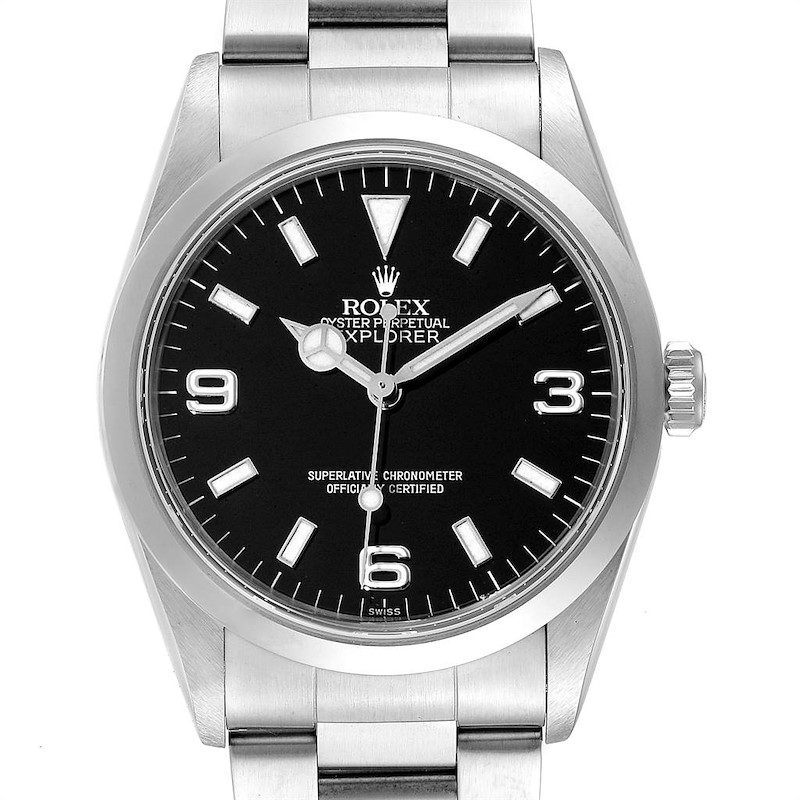 This image shows a front view of a Rolex Explorer watch, highlighting its dial, bezel, and part of the bracelet.