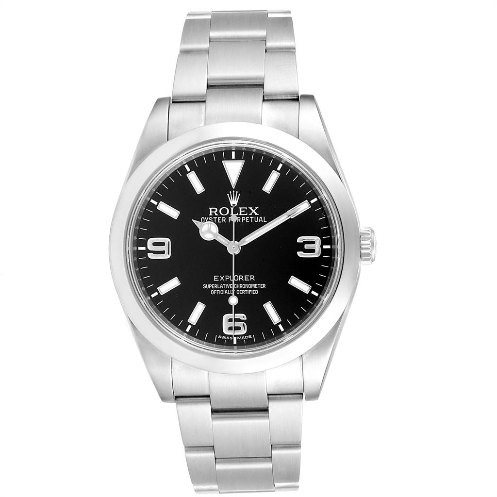 This is a front-facing view of a Rolex Explorer 214270 Men's Stainless Steel Black Dial 214270 Men's Stainless Steel Black Dial model watch displaying the dial, hands, case, and bracelet.