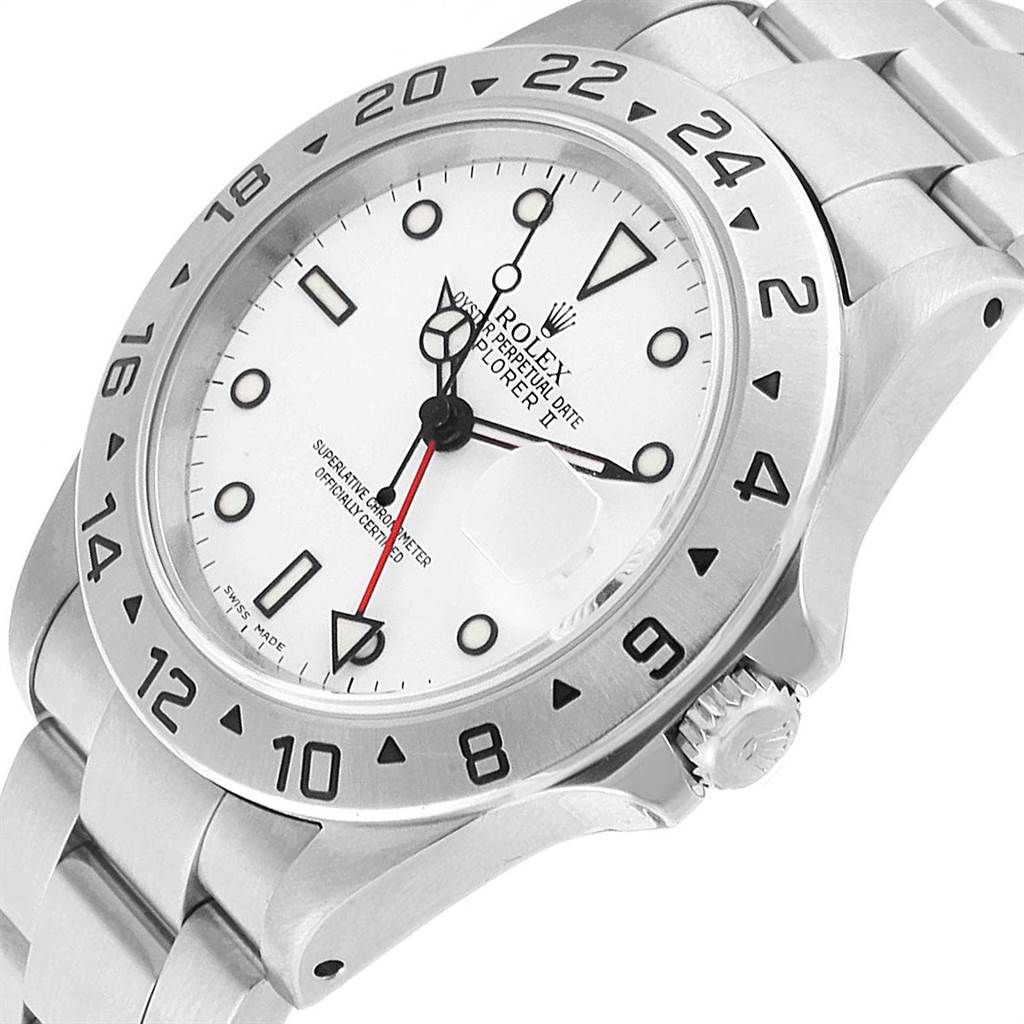 The image shows a top-side view of the Rolex Explorer 16570 Men's Stainless Steel White Dial 16570 Men's Stainless Steel White Dial watch, highlighting the white dial, bezel, crown, and part of the bracelet.