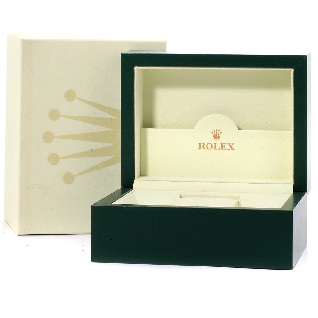 The image shows an open Rolex Explorer 214270 Men
s Stainless Steel Black Dial 214270 Men
s Stainless Steel Black Dial watch box and its outer packaging.