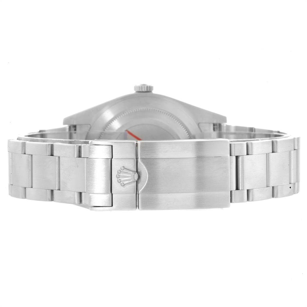 This is a rear view of the Rolex Explorer 214270 Men
s Stainless Steel Black Dial 214270 Men
s Stainless Steel Black Dial, focusing on its stainless steel bracelet and clasp.