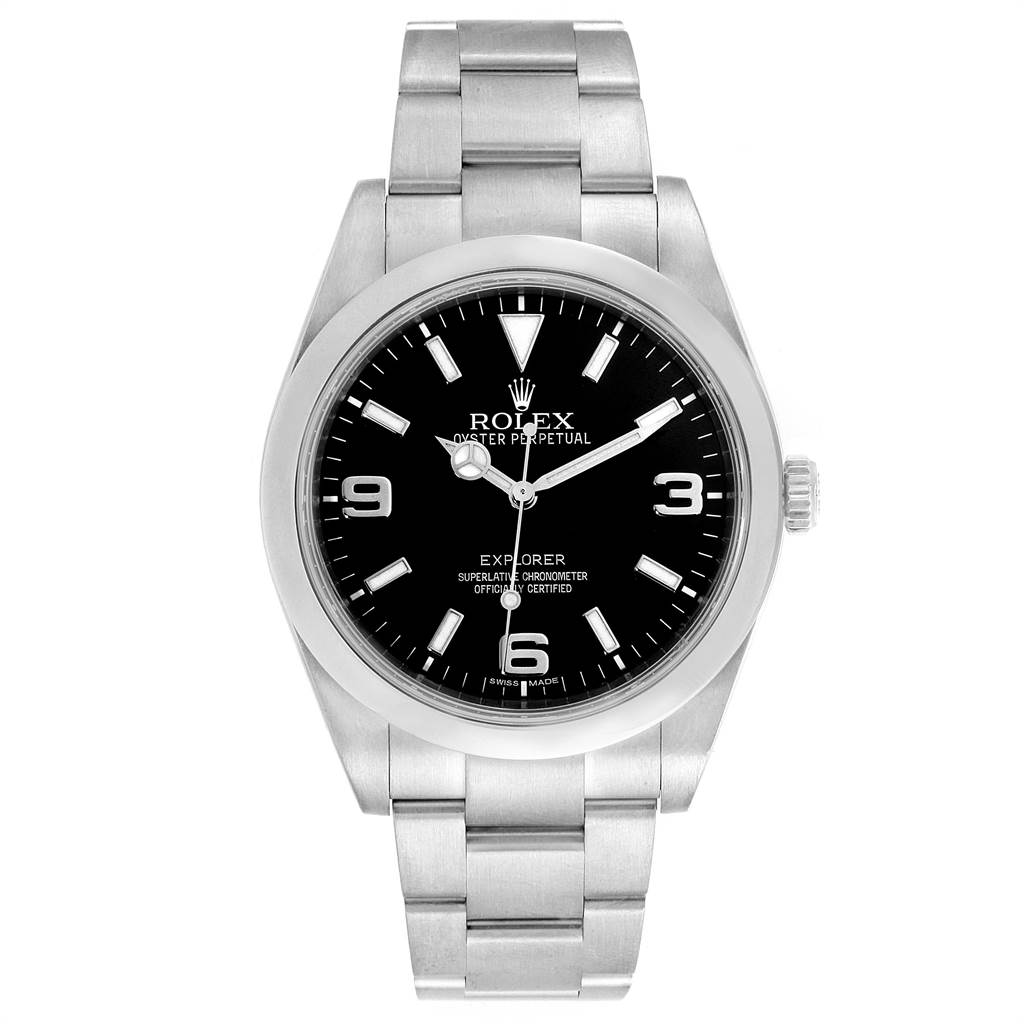 The image shows a front view of a Rolex Explorer 214270 Men
s Stainless Steel Black Dial 214270 Men
s Stainless Steel Black Dial watch featuring its black dial, steel case, and bracelet.