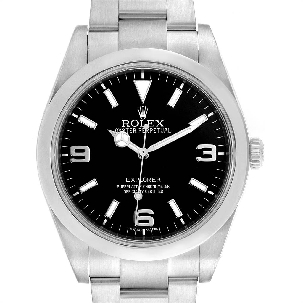The image shows a front view of a Rolex Explorer 214270 Men
s Stainless Steel Black Dial 214270 Men
s Stainless Steel Black Dial watch, displaying the face, bezel, and part of the bracelet.