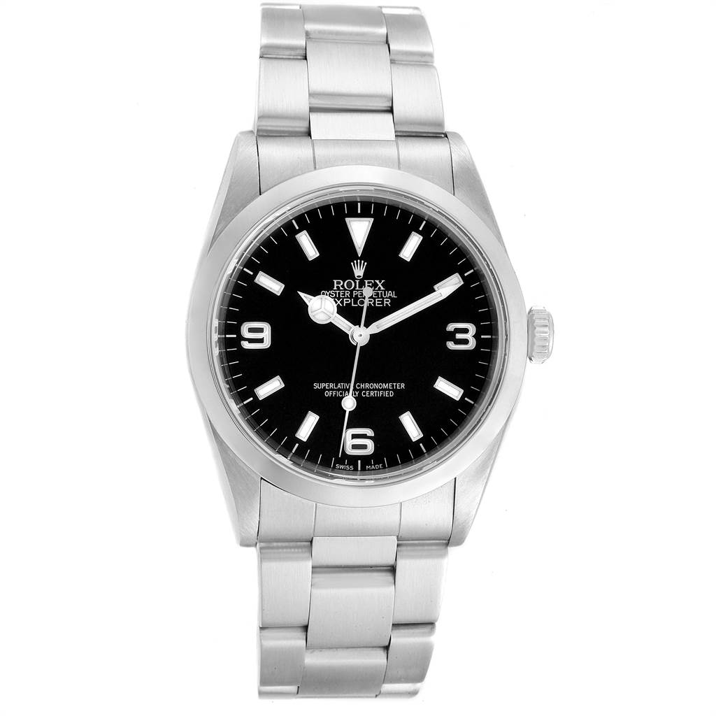The Rolex Explorer 14270 Men's Stainless Steel Black Dial 14270 Men's Stainless Steel Black Dial watch is shown from the front, displaying the dial, bracelet, and crown.