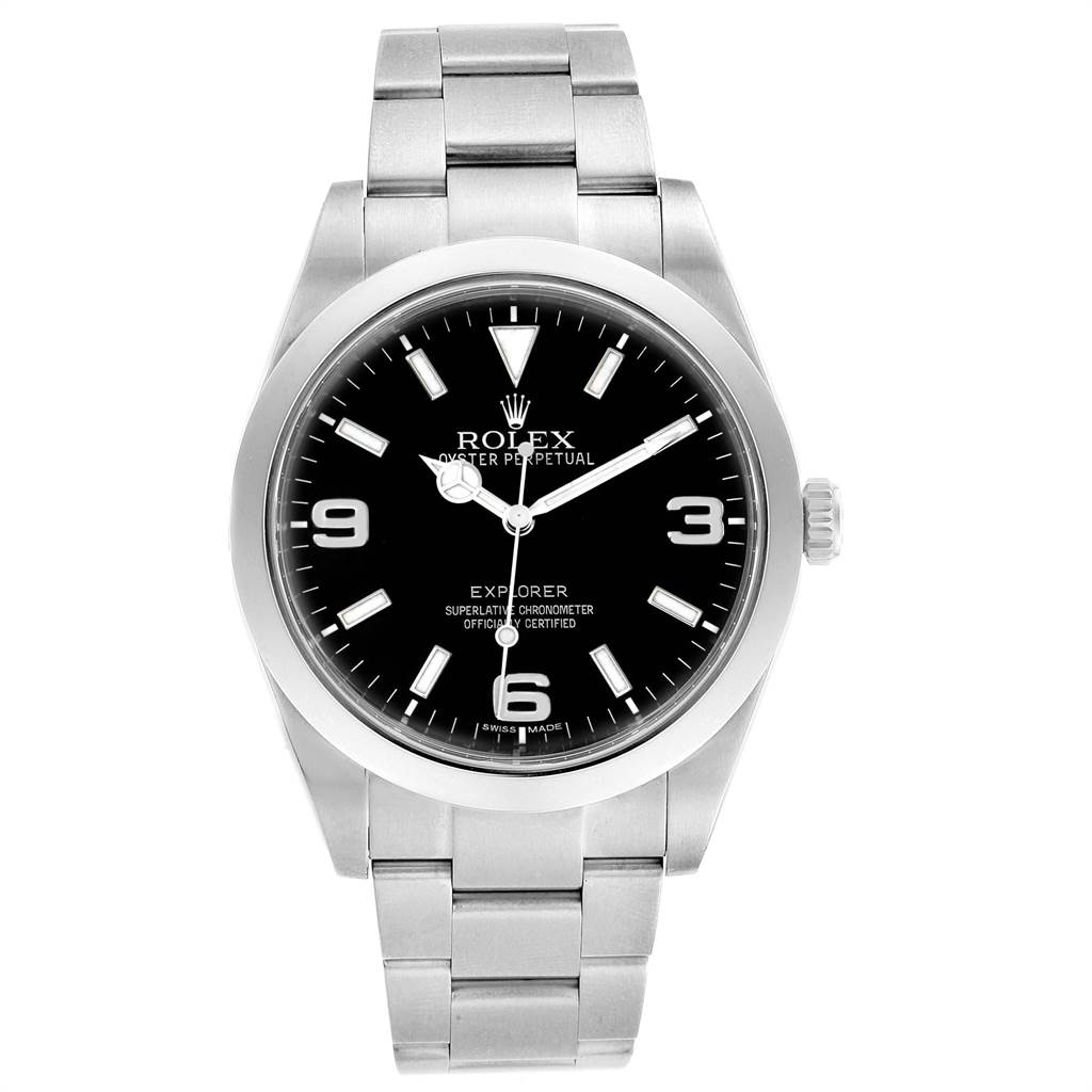This image shows a front view of the Rolex Explorer 214270 Men's Stainless Steel Black Dial 214270 Men's Stainless Steel Black Dial watch, featuring its black dial, stainless steel case, and bracelet.