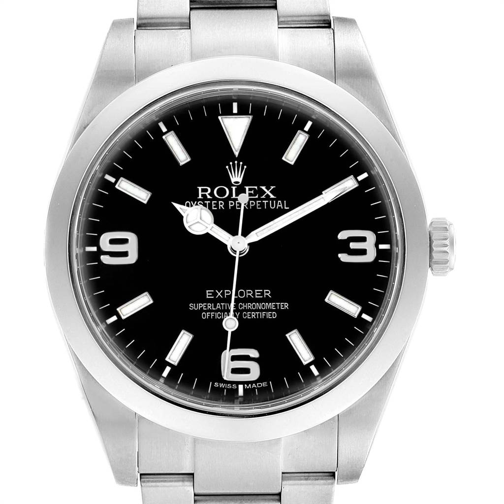 This image shows a front view of the Rolex Explorer 214270 Men's Stainless Steel Black Dial 214270 Men's Stainless Steel Black Dial watch face and part of the bracelet.