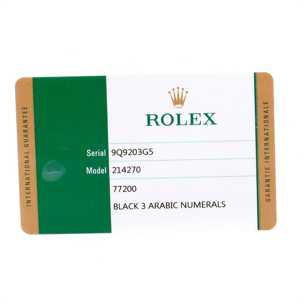 The image shows a Rolex warranty card, detailing the Explorer model 214270.