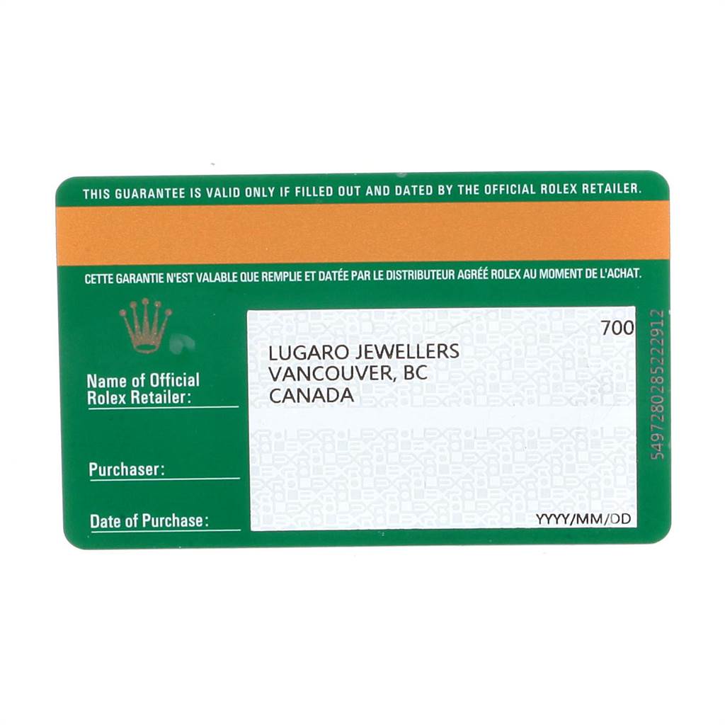 The image displays a warranty card for a Rolex Explorer 214270 Men's Stainless Steel Black Dial 214270 Men's Stainless Steel Black Dial watch, featuring retailer information and purchase details.