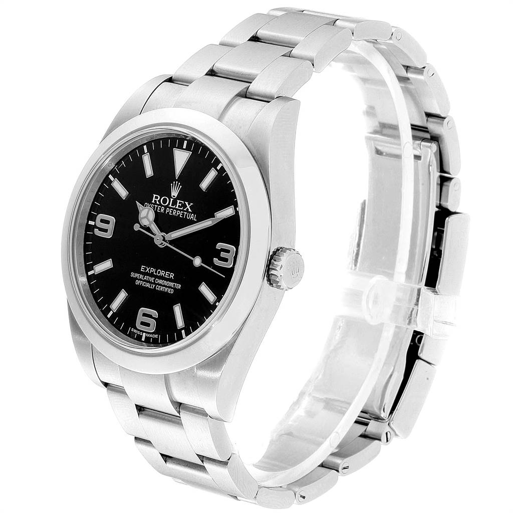 The image shows the Rolex Explorer 214270 Men's Stainless Steel Black Dial 214270 Men's Stainless Steel Black Dial watch at a slightly angled side view, highlighting the black dial, case, and stainless steel bracelet.