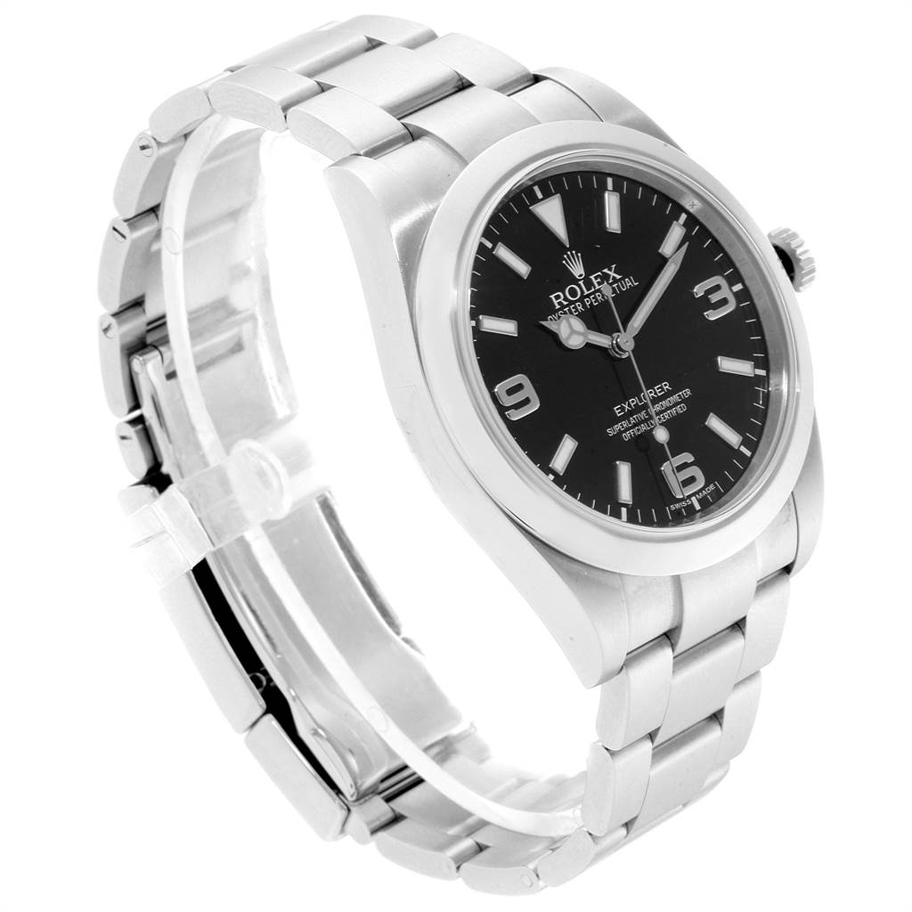 The Rolex Explorer 214270 Men's Stainless Steel Black Dial 214270 Men's Stainless Steel Black Dial watch is shown at a front-right angle, displaying its face, bezel, crown, and metallic bracelet.