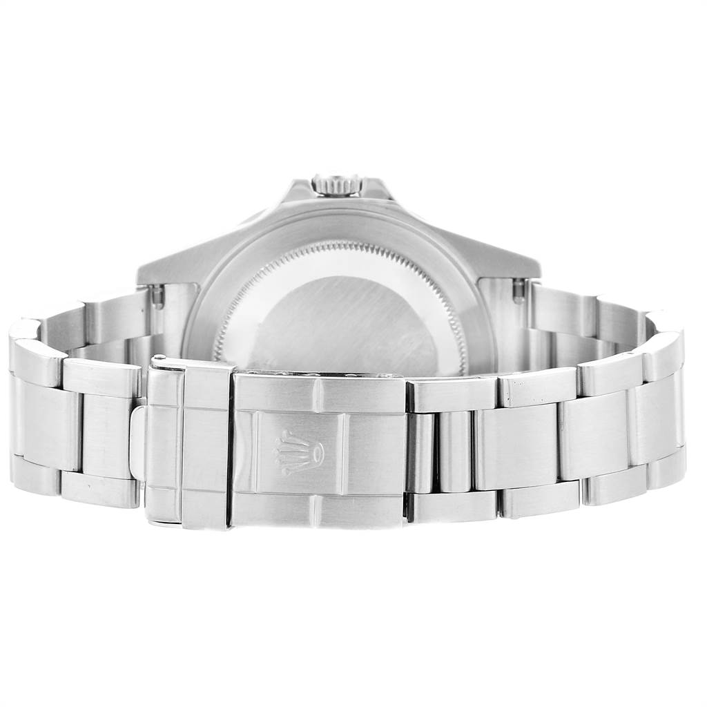 The image shows the back view of a Rolex Explorer 16570 Men's Stainless Steel Black Dial 16570 Men's Stainless Steel Black Dial watch, focusing on the case back and the clasp of the bracelet.