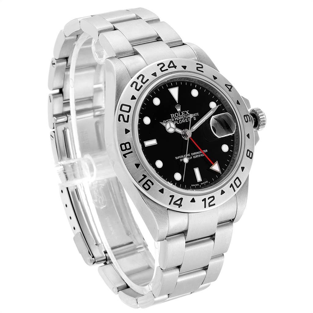 This Rolex Explorer 16570 Men's Stainless Steel Black Dial 16570 Men's Stainless Steel Black Dial watch is shown at a front-right angle, displaying its face, bracelet, and bezel.