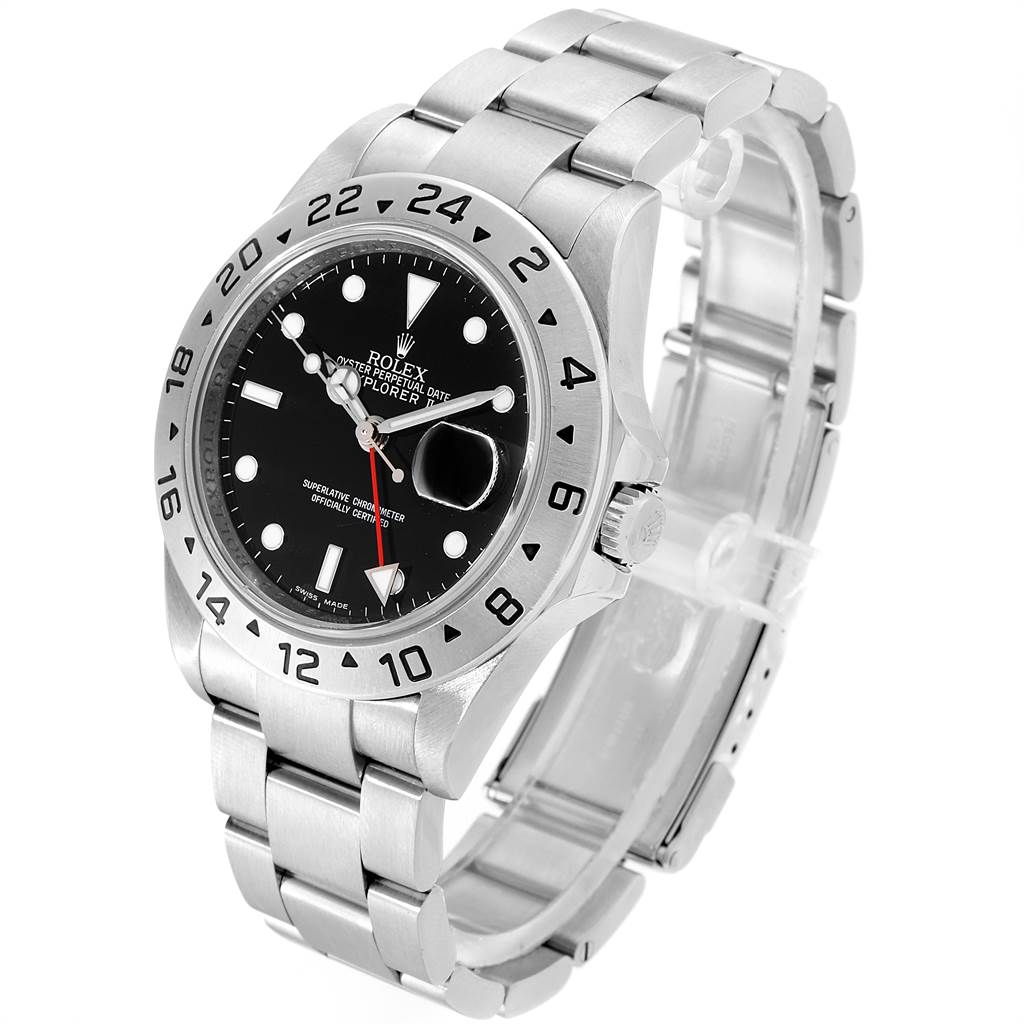 The Rolex Explorer 16570 Men's Stainless Steel Black Dial 16570 Men's Stainless Steel Black Dial watch is shown at a slight angle, displaying its face, bezel, bracelet, and crown.