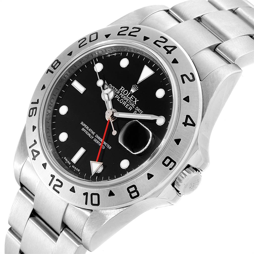 The Rolex Explorer 16570 Men's Stainless Steel Black Dial 16570 Men's Stainless Steel Black Dial watch is shown at an angled view, displaying the face, bezel, and part of the bracelet.