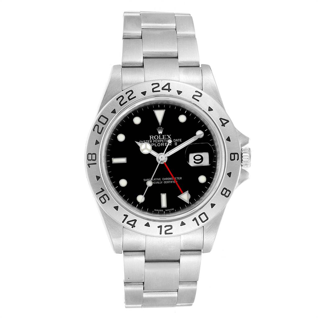 The image shows a full frontal view of a Rolex Explorer 16570 Men's Stainless Steel Black Dial 16570 Men's Stainless Steel Black Dial watch, showcasing its dial, bezel, and metal bracelet.