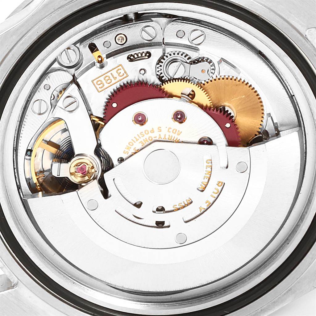 This image shows the intricate internal mechanism of a Rolex Explorer 16570 Men's Stainless Steel Black Dial 16570 Men's Stainless Steel Black Dial watch from a close-up, rear angle.