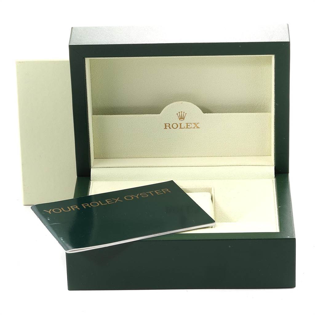 The image shows an open Rolex Explorer 16570 Men's Stainless Steel Black Dial 16570 Men's Stainless Steel Black Dial watch box and an instruction booklet labeled "Your Rolex Oyster."