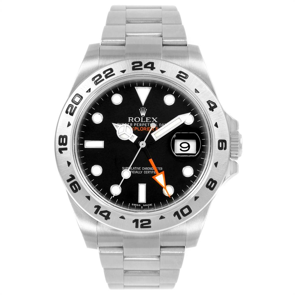 The image shows a front view of a Rolex Explorer 216570 Men's Stainless Steel Black Dial 216570 Men's Stainless Steel Black Dial watch, highlighting the dial, bezel, hands, and stainless steel bracelet.