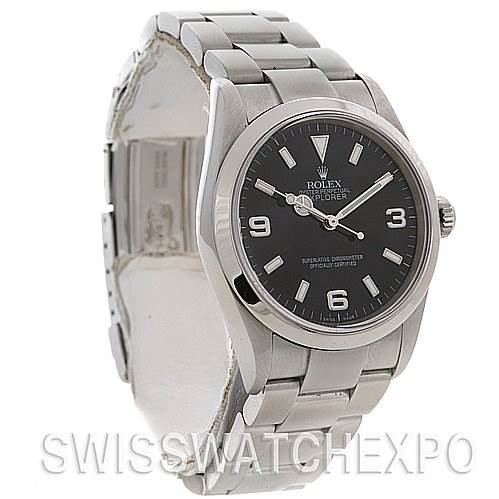 This image shows a Rolex Explorer 114270 Men
s Stainless Steel Black Dial 114270 Men
s Stainless Steel Black Dial watch from a three-quarter angle, highlighting its face, bezel, and bracelet.