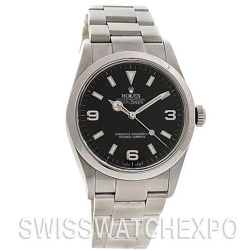 This image shows the front view of a Rolex Explorer 114270 Men
s Stainless Steel Black Dial 114270 Men
s Stainless Steel Black Dial watch, displaying the dial, bezel, case, and bracelet.