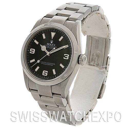 The image shows a front and angled view of a Rolex Explorer 114270 Men
s Stainless Steel Black Dial 114270 Men
s Stainless Steel Black Dial watch, highlighting its face, bracelet, and bezel.