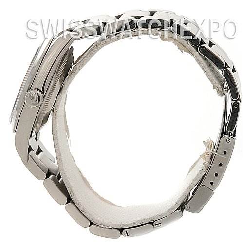 The image shows the side view of a Rolex Explorer 114270 Men
s Stainless Steel Black Dial 114270 Men
s Stainless Steel Black Dial model watch, highlighting the case and bracelet.