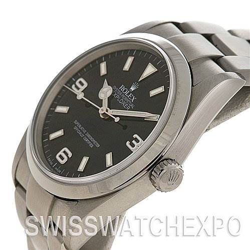 This image shows a side view angle of the Rolex Explorer 114270 Men
s Stainless Steel Black Dial 114270 Men
s Stainless Steel Black Dial watch, highlighting its dial, bezel, crown, and stainless steel bracelet.