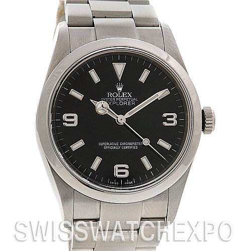 This image shows a front view of a Rolex Explorer 114270 Men
s Stainless Steel Black Dial 114270 Men
s Stainless Steel Black Dial watch, displaying its black dial, hands, numerals, crown, and metal bracelet.