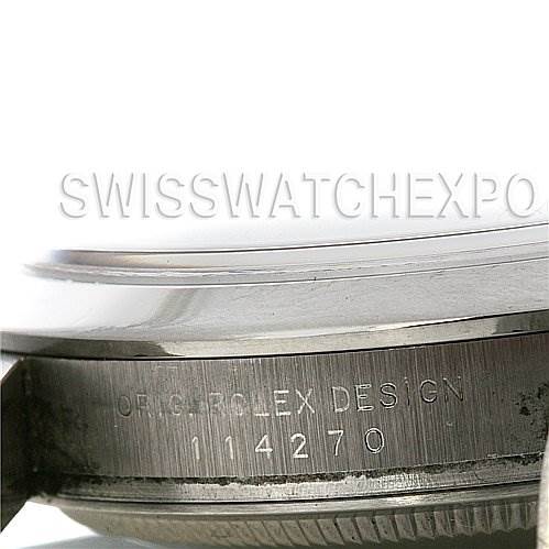 This image shows a close-up of the watch case side, featuring the engraving "ORIG. ROLEX DESIGN" and the reference number of the Rolex Explorer 114270 Men
s Stainless Steel Black Dial 114270 Men
s Stainless Steel Black Dial model.