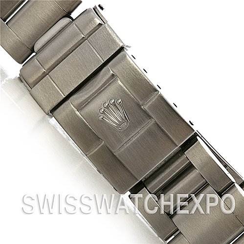 This image shows a close-up view of the clasp and part of the bracelet of a Rolex Explorer 114270 Men
s Stainless Steel Black Dial 114270 Men
s Stainless Steel Black Dial watch.