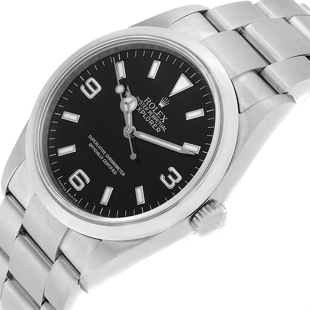 This image shows a Rolex Explorer 114270 Men's Stainless Steel Black Dial 114270 Men's Stainless Steel Black Dial watch from a slightly tilted angle, focusing on the dial, bezel, and part of the bracelet.