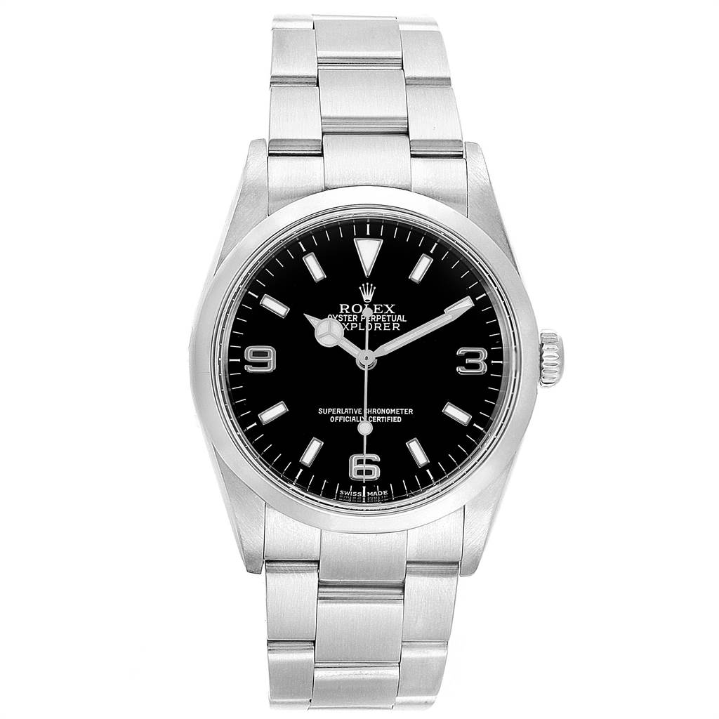 The Rolex Explorer 114270 Men's Stainless Steel Black Dial 114270 Men's Stainless Steel Black Dial watch is shown from a front angle, displaying the face, bezel, and bracelet.