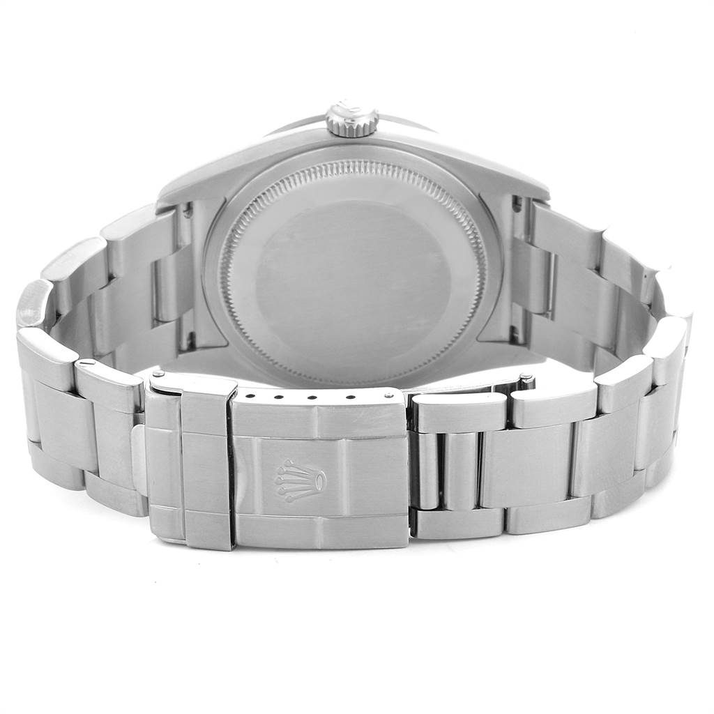 The image shows the back of the Rolex Explorer 114270 Men's Stainless Steel Black Dial 114270 Men's Stainless Steel Black Dial model watch, focusing on the case back, bracelet, and clasp.