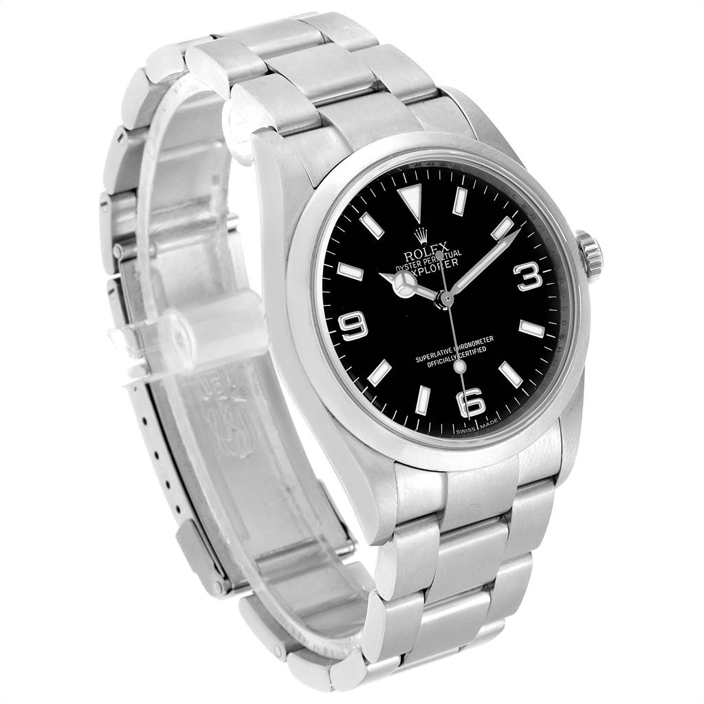 This image shows a Rolex Explorer 114270 Men's Stainless Steel Black Dial 114270 Men's Stainless Steel Black Dial watch at an angled view, highlighting its black dial, stainless steel bezel, and bracelet.