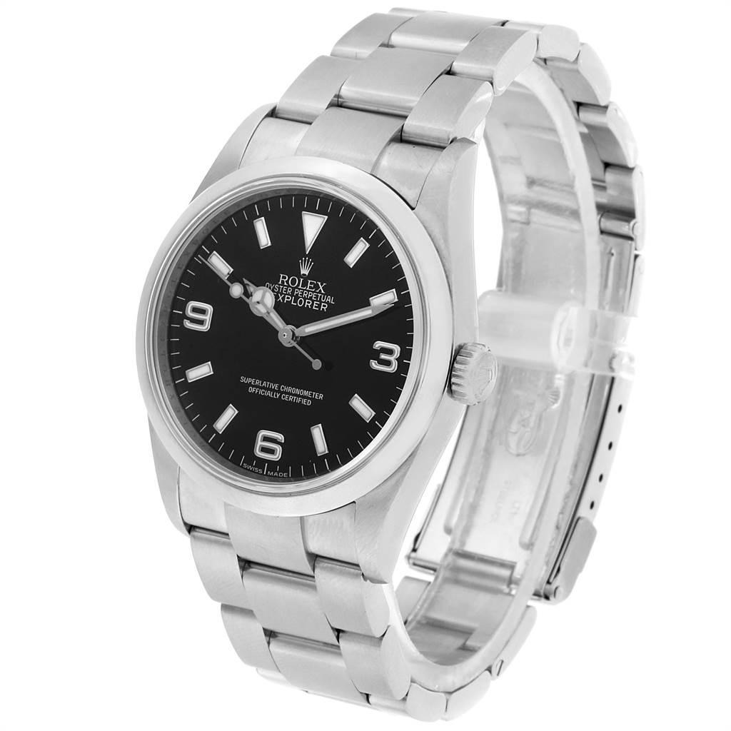 The image shows a Rolex Explorer 114270 Men's Stainless Steel Black Dial 114270 Men's Stainless Steel Black Dial watch at a three-quarter angle, displaying the face, bezel, and bracelet.