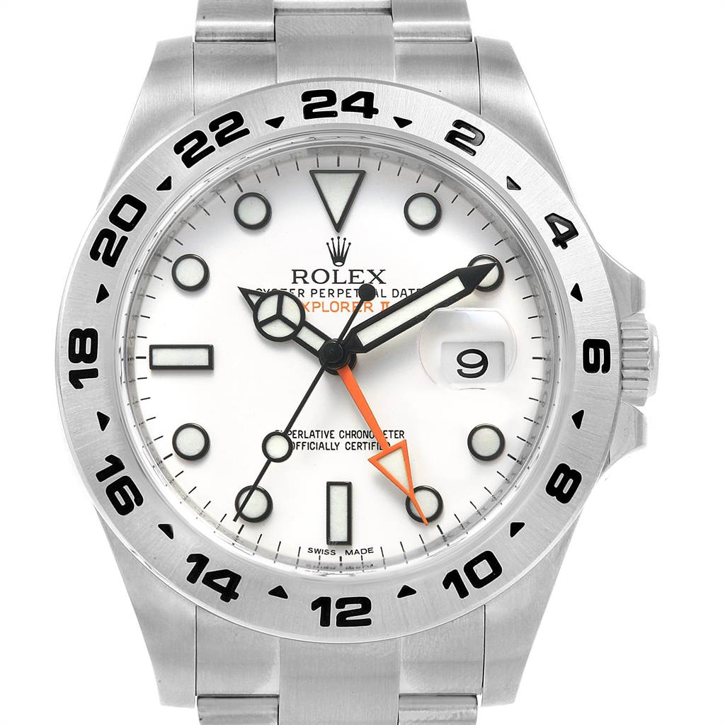 This image shows the front view of the Rolex Explorer 216570 Men's Stainless Steel White Dial 216570 Men's Stainless Steel White Dial watch, highlighting its dial, hands, bezel, and part of the metal bracelet.