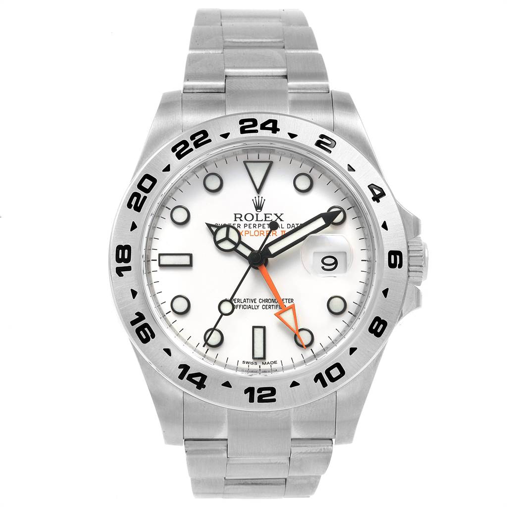 The image shows a frontal view of a Rolex Explorer 216570 Men's Stainless Steel White Dial 216570 Men's Stainless Steel White Dial model watch, displaying its face, hands, date window, and bracelet.