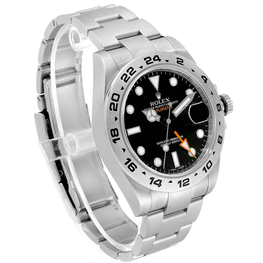 The Rolex Explorer 216570 Men's Stainless Steel Black Dial 216570 Men's Stainless Steel Black Dial watch is shown at a three-quarter angle, displaying the face, bezel, and part of the bracelet.
