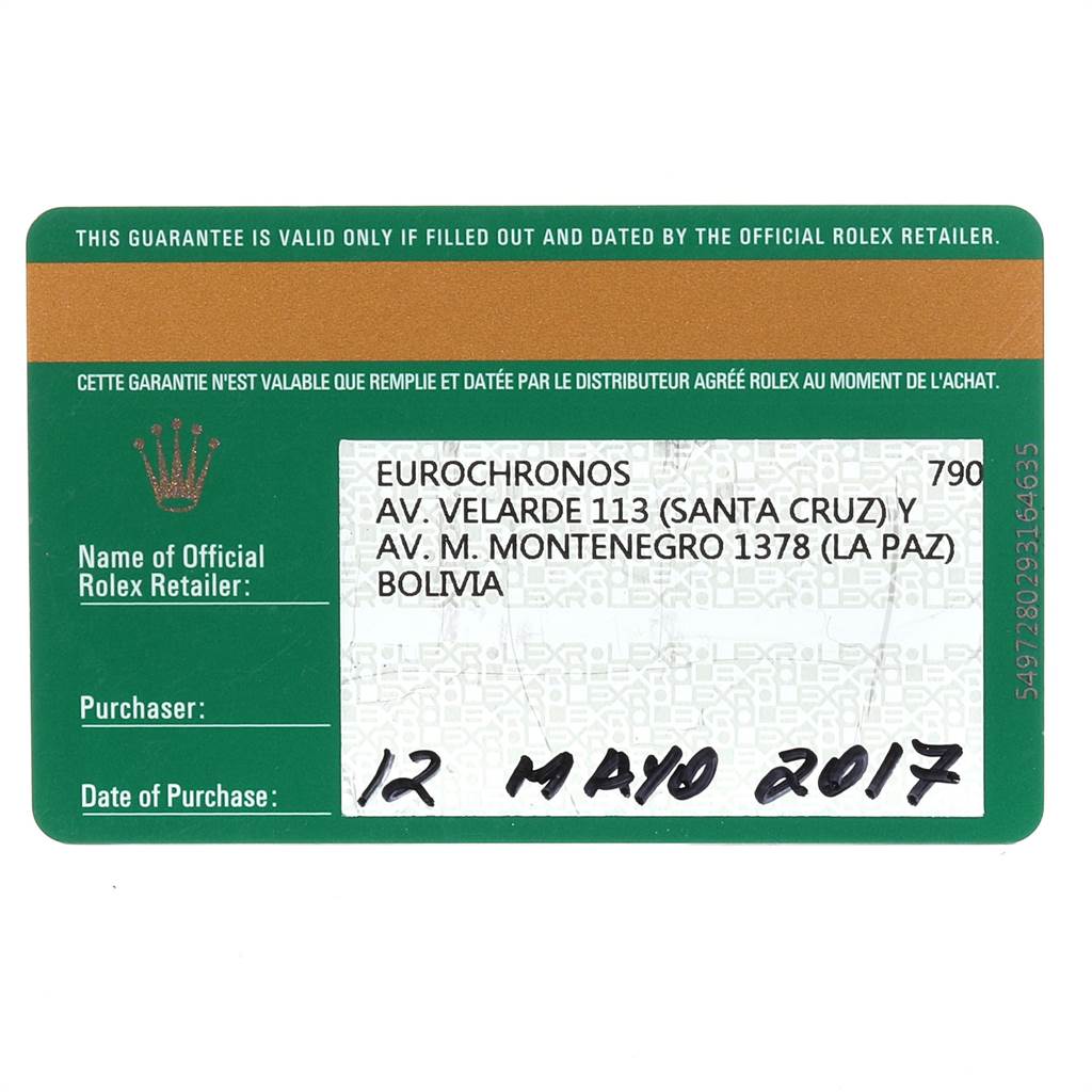 This is a close-up of the guarantee card for the Rolex Explorer 216570 Men's Stainless Steel Black Dial 216570 Men's Stainless Steel Black Dial model, showing details of the retailer and the purchase date.