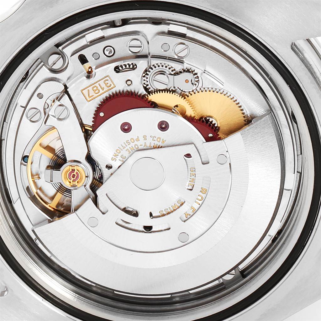 This image shows the intricate internal mechanism of a Rolex Explorer 216570 Men's Stainless Steel Black Dial 216570 Men's Stainless Steel Black Dial model watch from a close-up, rear angle.