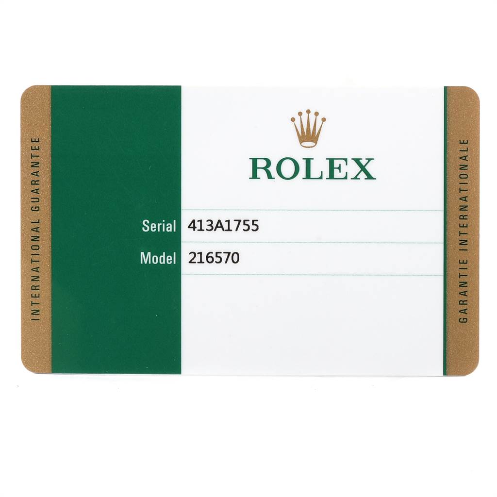 The image shows a Rolex international guarantee card for the Rolex Explorer 216570 Men's Stainless Steel Black Dial 216570 Men's Stainless Steel Black Dial model 216570 with serial number 413A1755.