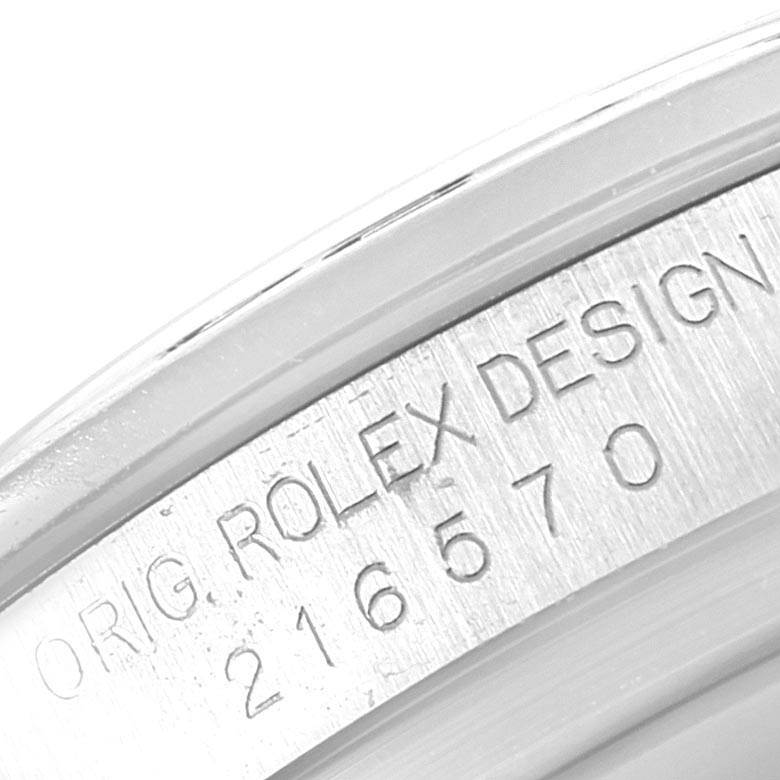 This image shows the side engraving on the bezel of a Rolex Explorer 216570 Men's Stainless Steel Black Dial 216570 Men's Stainless Steel Black Dial watch, highlighting the model number 216570.