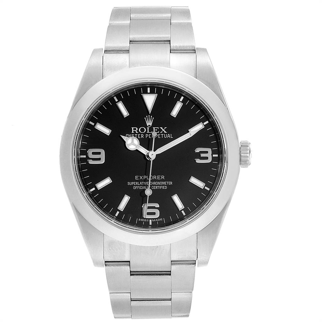 The image shows a frontal view of a Rolex Explorer 214270 Men's Stainless Steel Black Dial 214270 Men's Stainless Steel Black Dial watch, highlighting the face, bezel, and bracelet. 