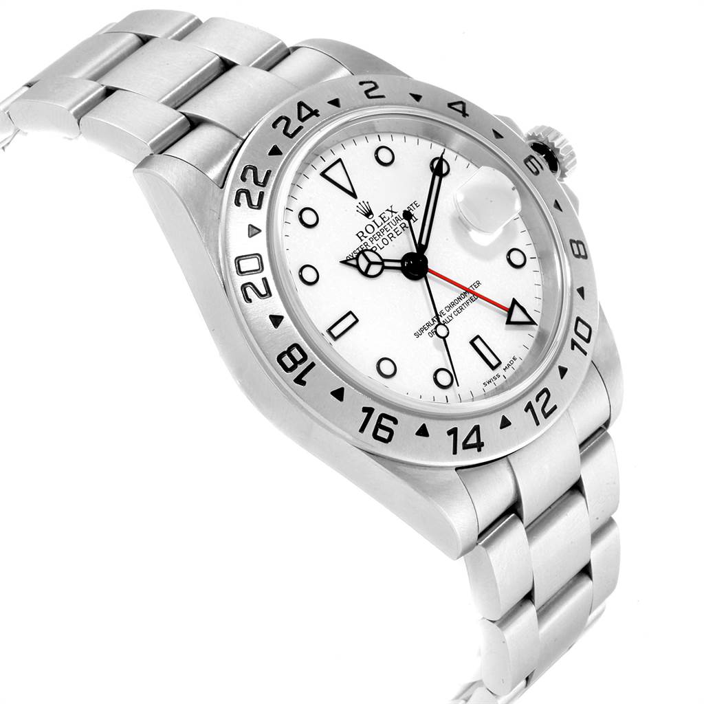 The Rolex Explorer 16570 Men's Stainless Steel White Dial 16570 Men's Stainless Steel White Dial watch is shown from a slight top angle, highlighting its face, bezel, crown, and part of the bracelet.
