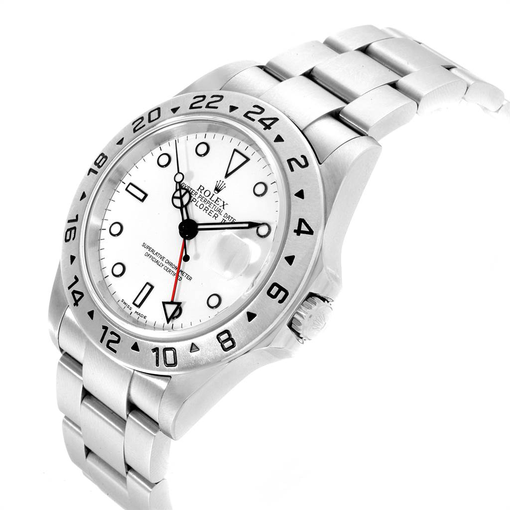 This image shows a Rolex Explorer 16570 Men's Stainless Steel White Dial 16570 Men's Stainless Steel White Dial watch at a slight angle, highlighting the face, bezel, crown, and bracelet.