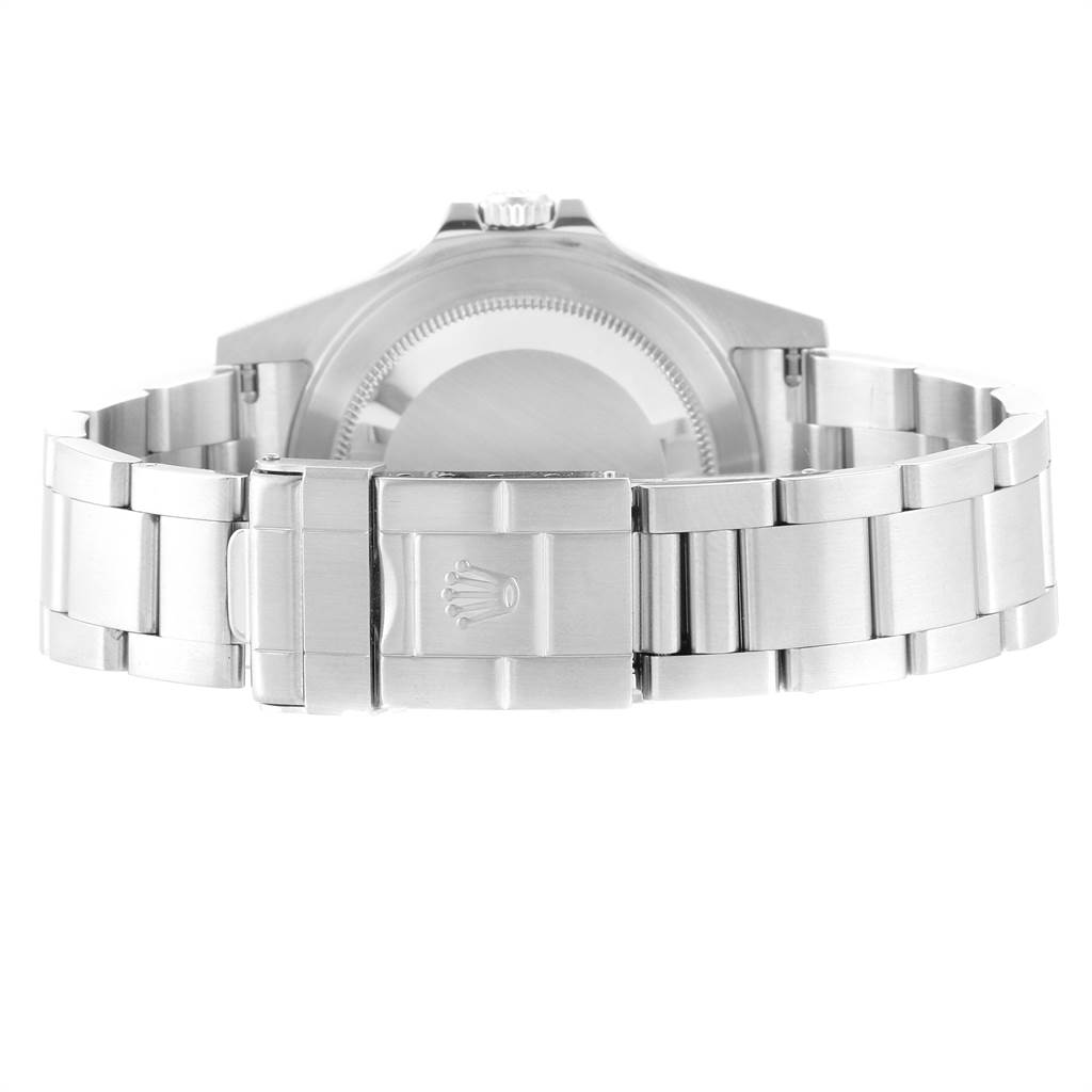 The image shows the back view of the Rolex Explorer 16570 Men's Stainless Steel White Dial 16570 Men's Stainless Steel White Dial watch, focusing on the clasp and bracelet.
