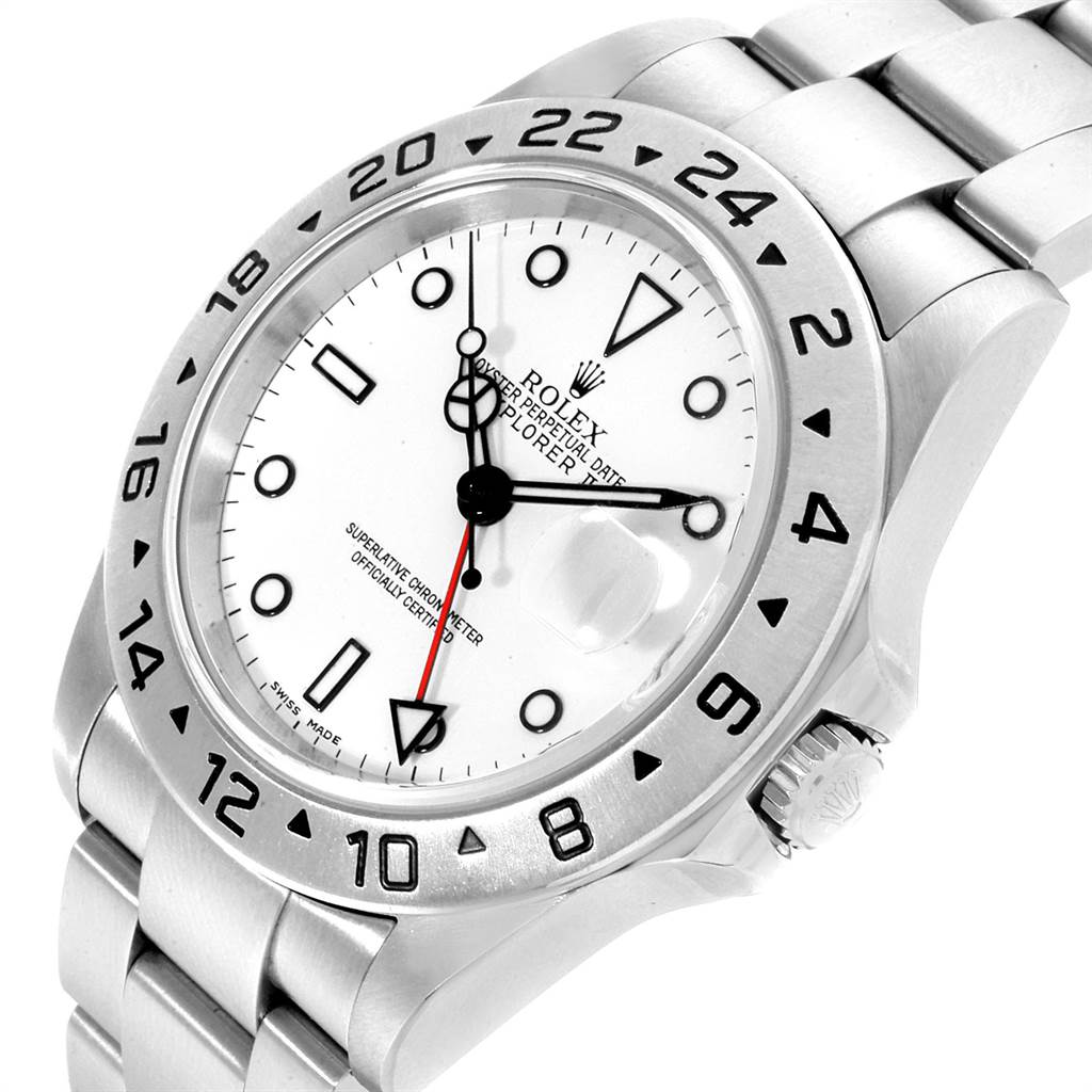 The image shows the dial, bezel, and part of the bracelet of a Rolex Explorer 16570 Men's Stainless Steel White Dial 16570 Men's Stainless Steel White Dial watch at a slight angle.