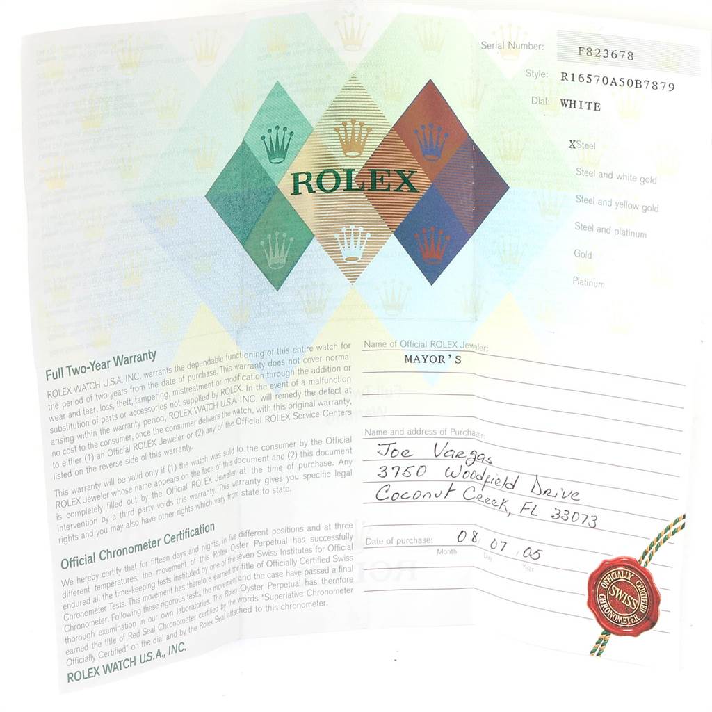 The image shows the warranty and certification document for a Rolex Explorer 16570 Men's Stainless Steel White Dial 16570 Men's Stainless Steel White Dial model watch, emphasizing authenticity and purchase details.