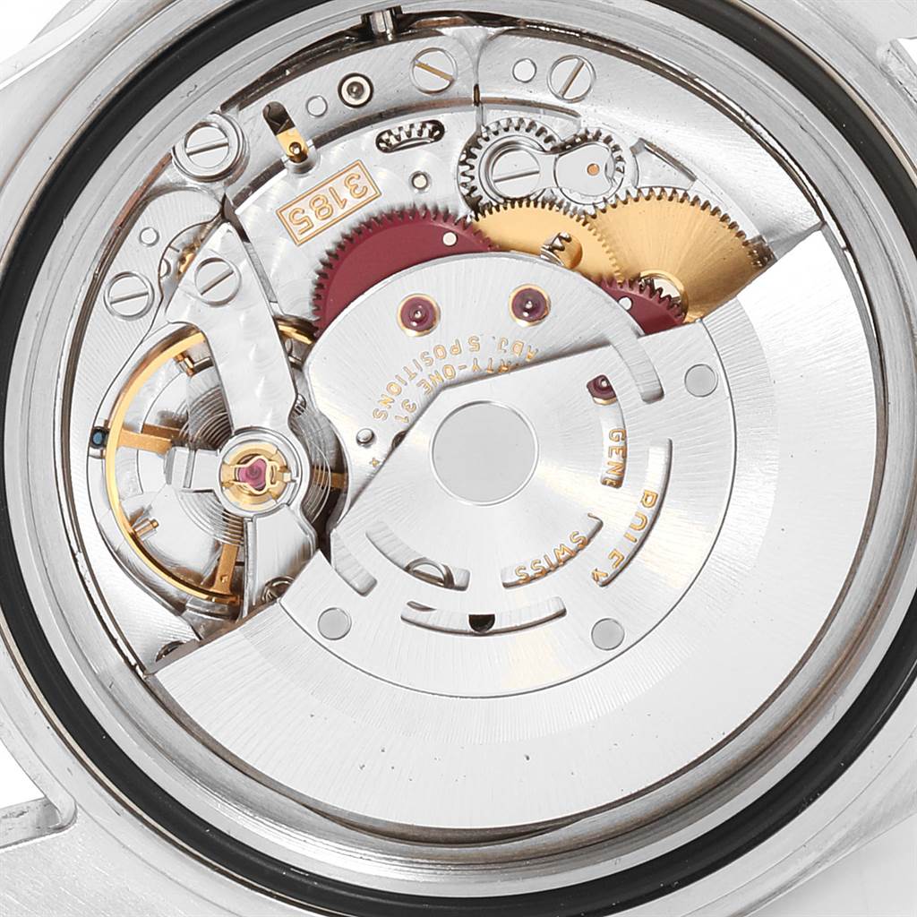 The image shows the intricate internal movement of a Rolex Explorer 16570 Men's Stainless Steel White Dial 16570 Men's Stainless Steel White Dial watch from the back angle.